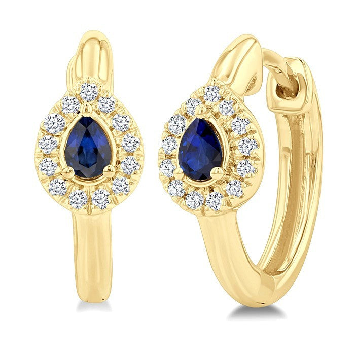 4X3 MM Pear Cut Sapphire and 1/10 Ctw Petite Round Cut Halo Diamond Fashion Huggies in 10K Yellow Gold