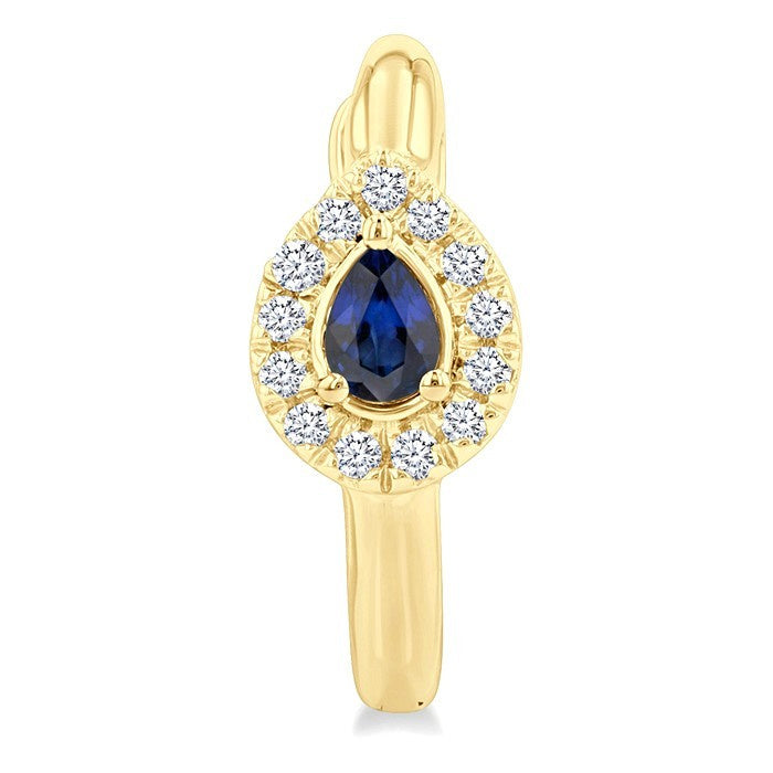 4X3 MM Pear Cut Sapphire and 1/10 Ctw Petite Round Cut Halo Diamond Fashion Huggies in 10K Yellow Gold