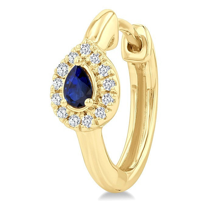 4X3 MM Pear Cut Sapphire and 1/10 Ctw Petite Round Cut Halo Diamond Fashion Huggies in 10K Yellow Gold