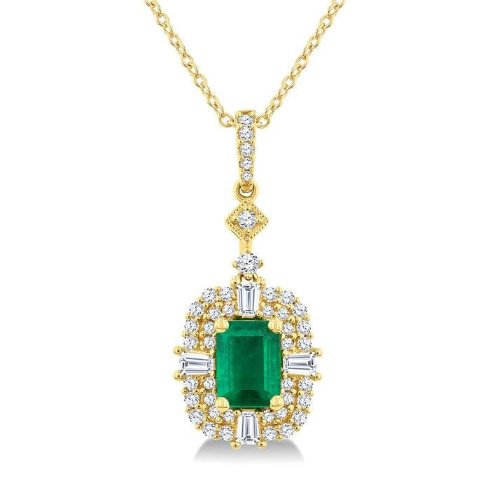 7x5 MM Octagon Shape Emerald, 1/2 Ctw Baguette and Round Cut Diamond Halo Precious Pendant With Chain in 14K Yellow Gold