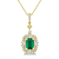 7x5 MM Octagon Shape Emerald, 1/2 Ctw Baguette and Round Cut Diamond Halo Precious Pendant With Chain in 14K Yellow Gold
