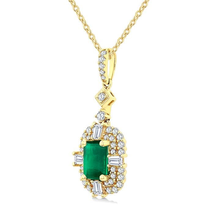 7x5 MM Octagon Shape Emerald, 1/2 Ctw Baguette and Round Cut Diamond Halo Precious Pendant With Chain in 14K Yellow Gold
