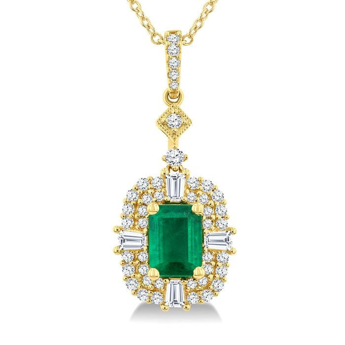 7x5 MM Octagon Shape Emerald, 1/2 Ctw Baguette and Round Cut Diamond Halo Precious Pendant With Chain in 14K Yellow Gold