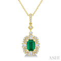 7x5 MM Octagon Shape Emerald, 1/2 Ctw Baguette and Round Cut Diamond Halo Precious Pendant With Chain in 14K Yellow Gold