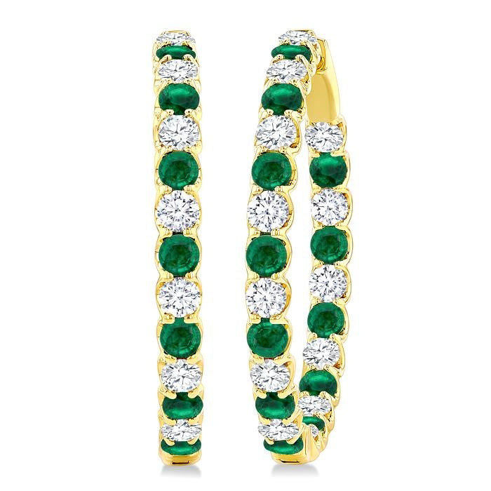 2.9 MM Round Emerald and 2 5/8 Ctw Round Cut Diamond Inside & Outside Alternating Precious Hoop Earrings in 14K Yellow Gold