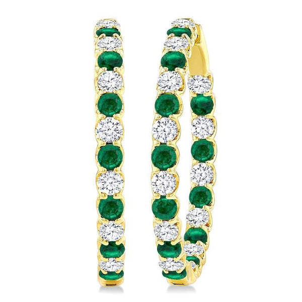 2.9 MM Round Emerald and 2 5/8 Ctw Round Cut Diamond Inside & Outside Alternating Precious Hoop Earrings in 14K Yellow Gold