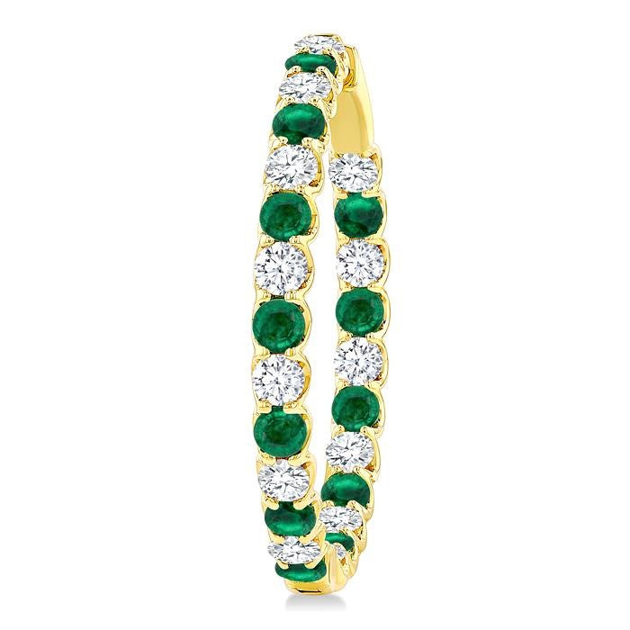 2.9 MM Round Emerald and 2 5/8 Ctw Round Cut Diamond Inside & Outside Alternating Precious Hoop Earrings in 14K Yellow Gold