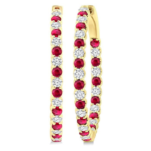 2.3 MM Round Ruby and 1 1/2 Ctw Round Cut Diamond Inside & Outside Alternating Precious Hoop Earrings in 14K Yellow Gold