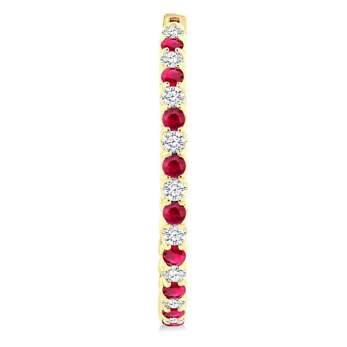 2.3 MM Round Ruby and 1 1/2 Ctw Round Cut Diamond Inside & Outside Alternating Precious Hoop Earrings in 14K Yellow Gold