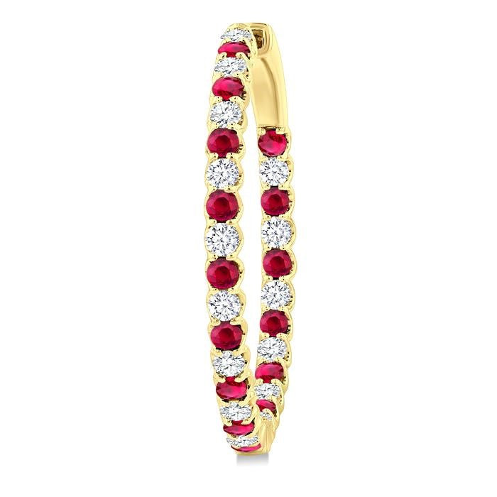 2.3 MM Round Ruby and 1 1/2 Ctw Round Cut Diamond Inside & Outside Alternating Precious Hoop Earrings in 14K Yellow Gold