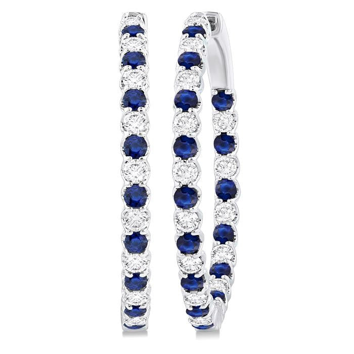 2.3 MM Round Sapphire and 1 1/2 Ctw Round Cut Diamond Inside & Outside Alternating Precious Hoop Earrings in 14K White Gold