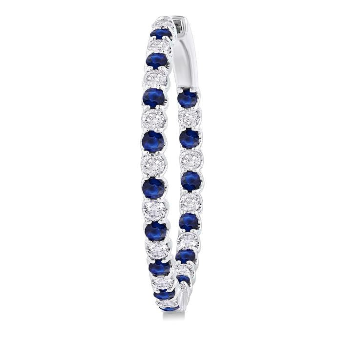 2.3 MM Round Sapphire and 1 1/2 Ctw Round Cut Diamond Inside & Outside Alternating Precious Hoop Earrings in 14K White Gold