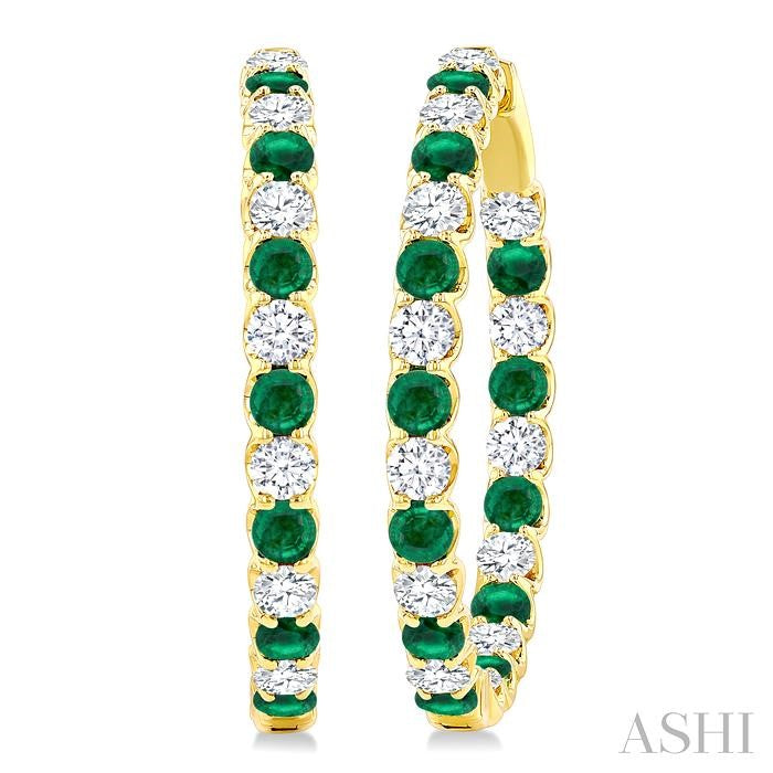2.9 MM Round Emerald and 2 5/8 Ctw Round Cut Diamond Inside & Outside Alternating Precious Hoop Earrings in 14K Yellow Gold