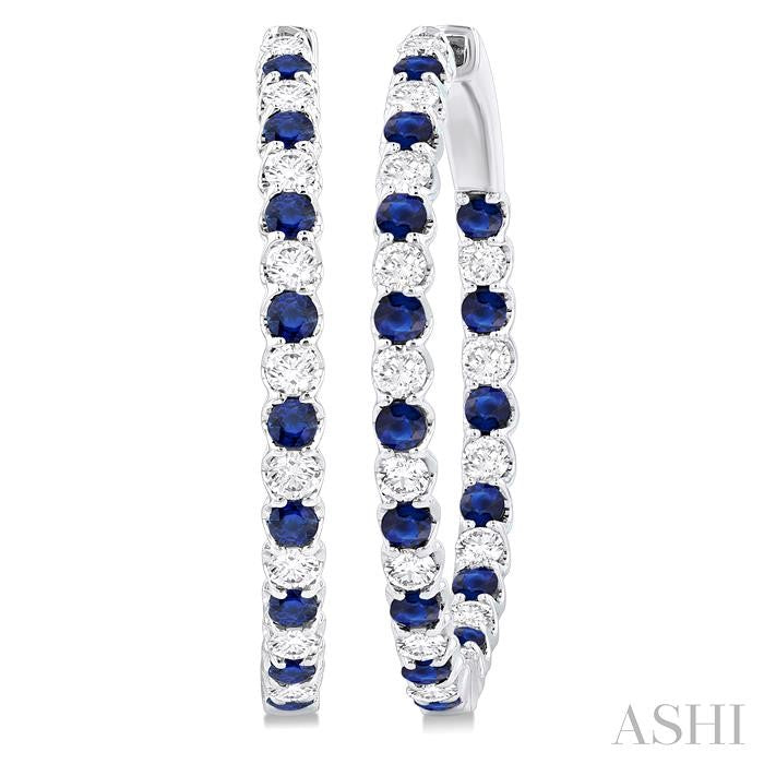 2.3 MM Round Sapphire and 1 1/2 Ctw Round Cut Diamond Inside & Outside Alternating Precious Hoop Earrings in 14K White Gold