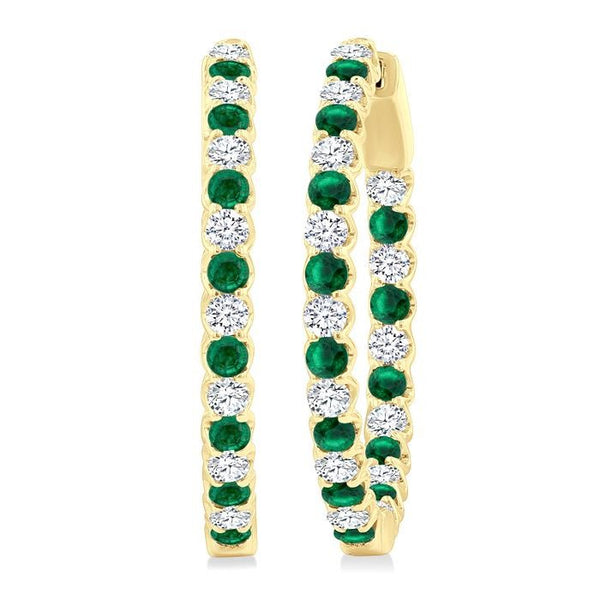 2.1 MM Round Emerald and 1 Ctw Round Cut Diamond Inside & Outside Alternating Precious Hoop Earrings in 14K Yellow Gold