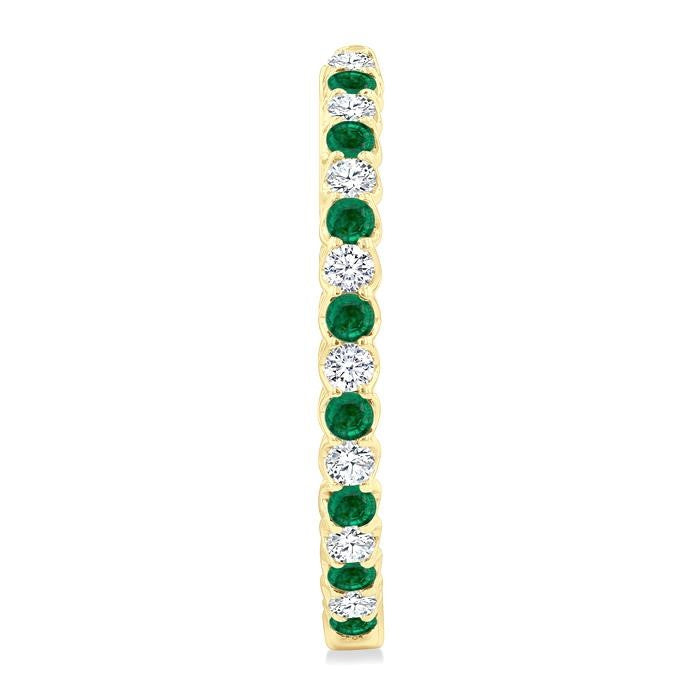 2.1 MM Round Emerald and 1 Ctw Round Cut Diamond Inside & Outside Alternating Precious Hoop Earrings in 14K Yellow Gold