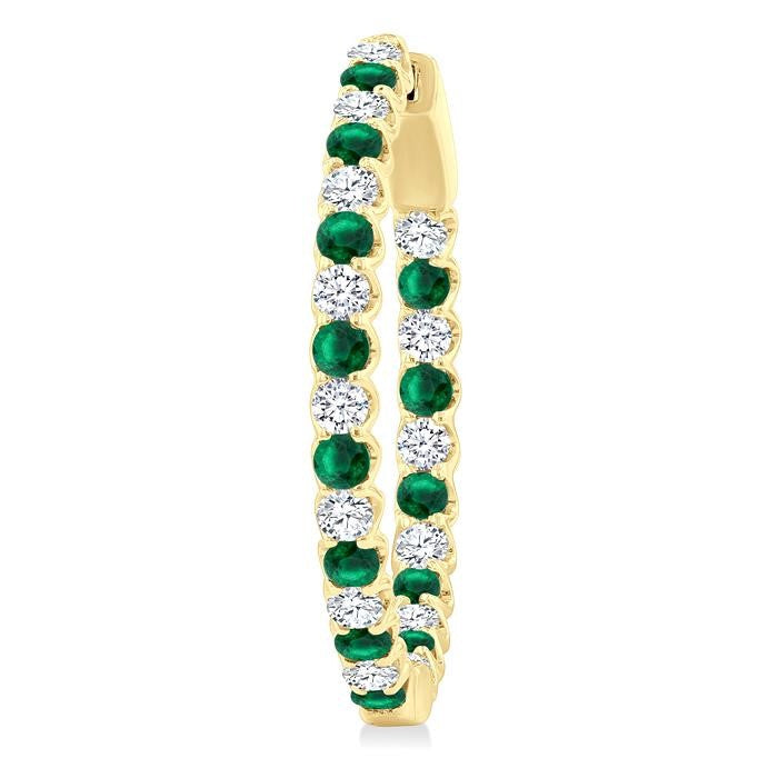 2.1 MM Round Emerald and 1 Ctw Round Cut Diamond Inside & Outside Alternating Precious Hoop Earrings in 14K Yellow Gold