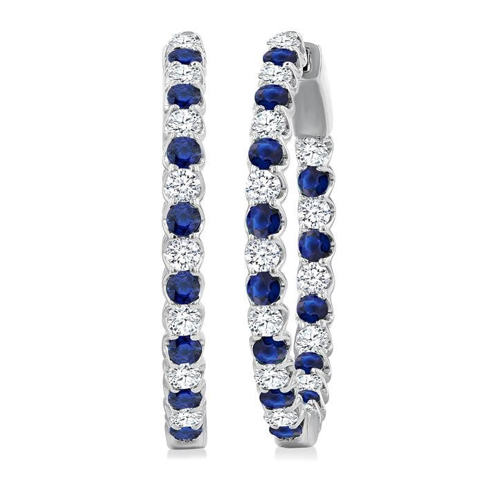 2.1 MM Round Sapphire and 1 Ctw Round Cut Diamond Inside & Outside Alternating Precious Hoop Earrings in 14K White Gold