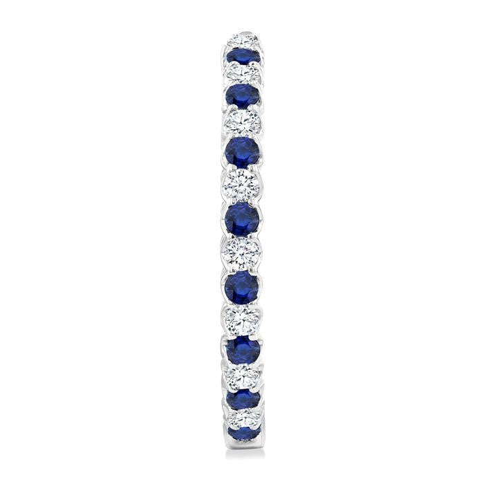2.1 MM Round Sapphire and 1 Ctw Round Cut Diamond Inside & Outside Alternating Precious Hoop Earrings in 14K White Gold