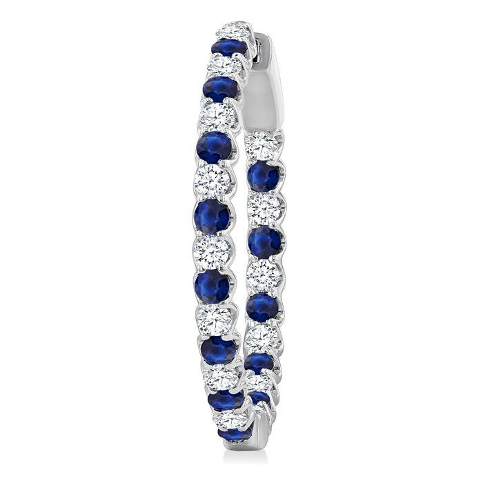 2.1 MM Round Sapphire and 1 Ctw Round Cut Diamond Inside & Outside Alternating Precious Hoop Earrings in 14K White Gold