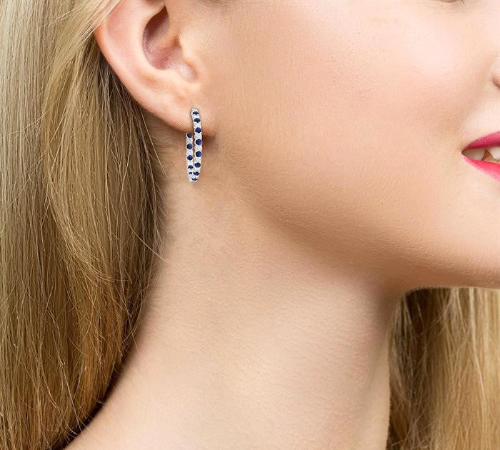2.1 MM Round Sapphire and 1 Ctw Round Cut Diamond Inside & Outside Alternating Precious Hoop Earrings in 14K White Gold