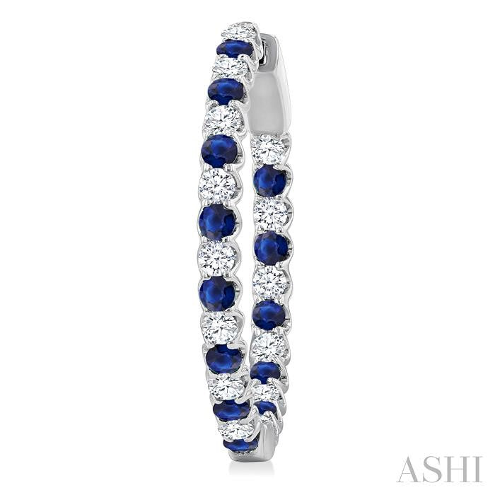 2.1 MM Round Sapphire and 1 Ctw Round Cut Diamond Inside & Outside Alternating Precious Hoop Earrings in 14K White Gold