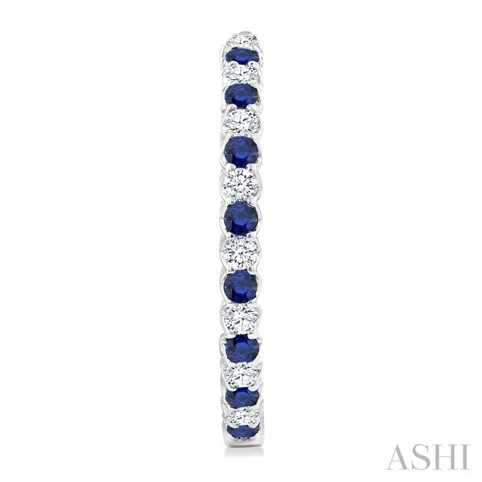 2.1 MM Round Sapphire and 1 Ctw Round Cut Diamond Inside & Outside Alternating Precious Hoop Earrings in 14K White Gold