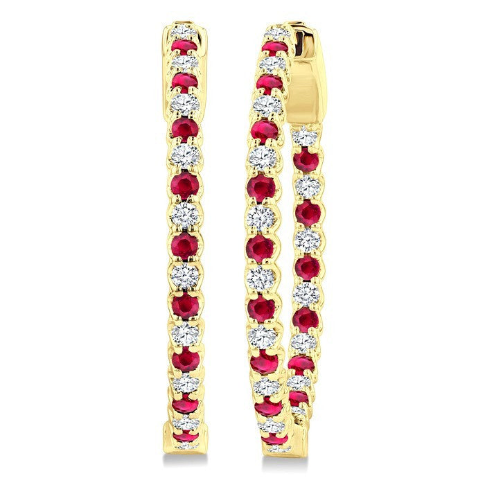 1.6 MM Round Shape Ruby and 1/2 Ctw Round Cut Diamond Inside & Outside Alternating Precious Hoop Earrings in 14K Yellow Gold