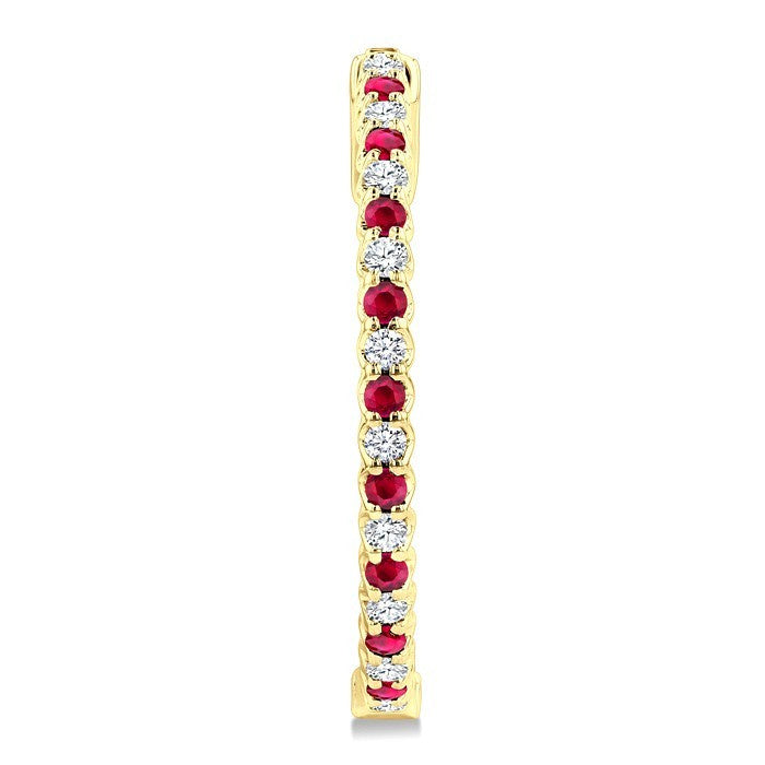 1.6 MM Round Shape Ruby and 1/2 Ctw Round Cut Diamond Inside & Outside Alternating Precious Hoop Earrings in 14K Yellow Gold