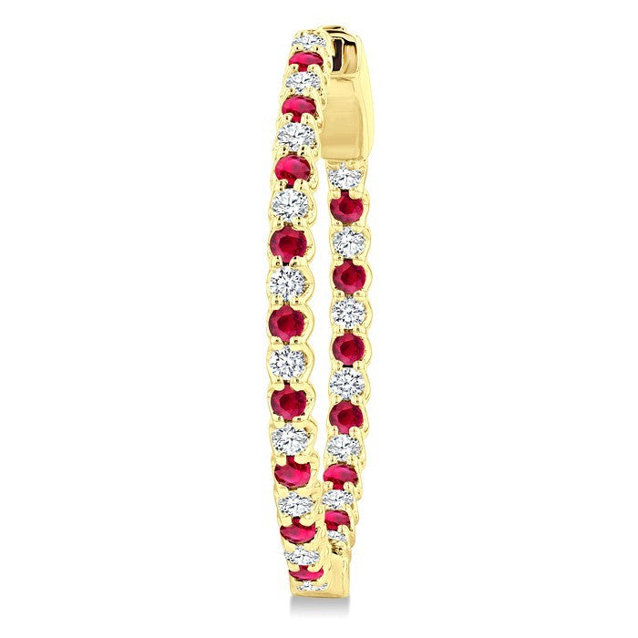 1.6 MM Round Shape Ruby and 1/2 Ctw Round Cut Diamond Inside & Outside Alternating Precious Hoop Earrings in 14K Yellow Gold