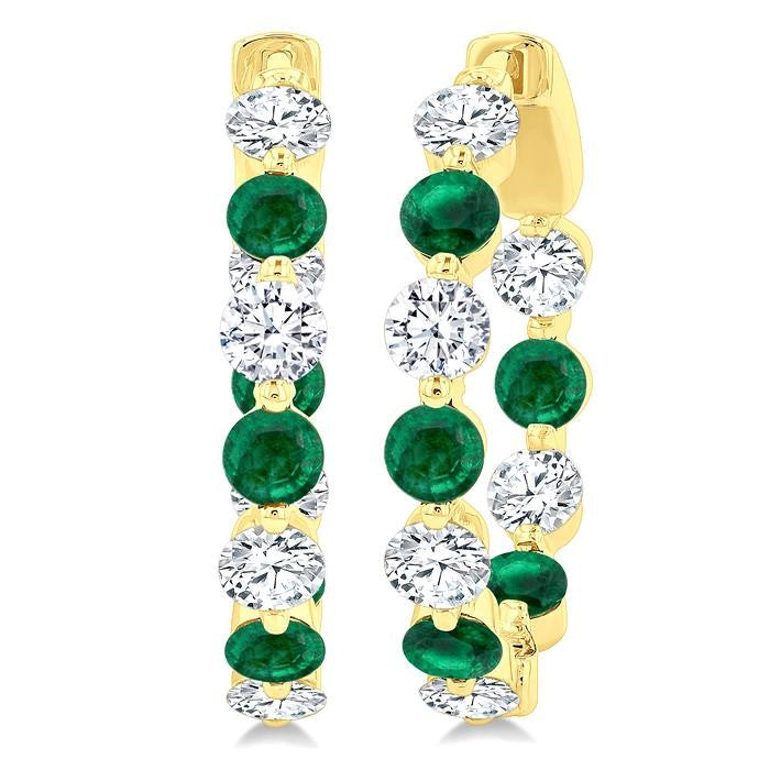 3.3 MM Round Cut Emerald and 1 5/8 Ctw Round Cut Diamond Precious Inside-Out Alternating Hoop Earrings in 14K Yellow Gold