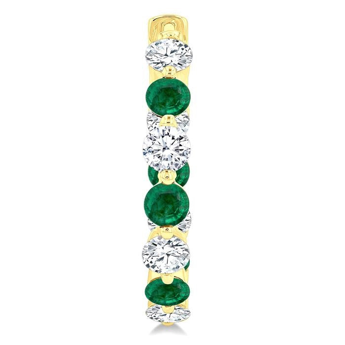 3.3 MM Round Cut Emerald and 1 5/8 Ctw Round Cut Diamond Precious Inside-Out Alternating Hoop Earrings in 14K Yellow Gold