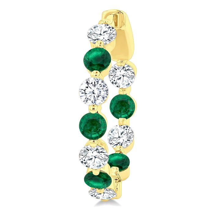 3.3 MM Round Cut Emerald and 1 5/8 Ctw Round Cut Diamond Precious Inside-Out Alternating Hoop Earrings in 14K Yellow Gold