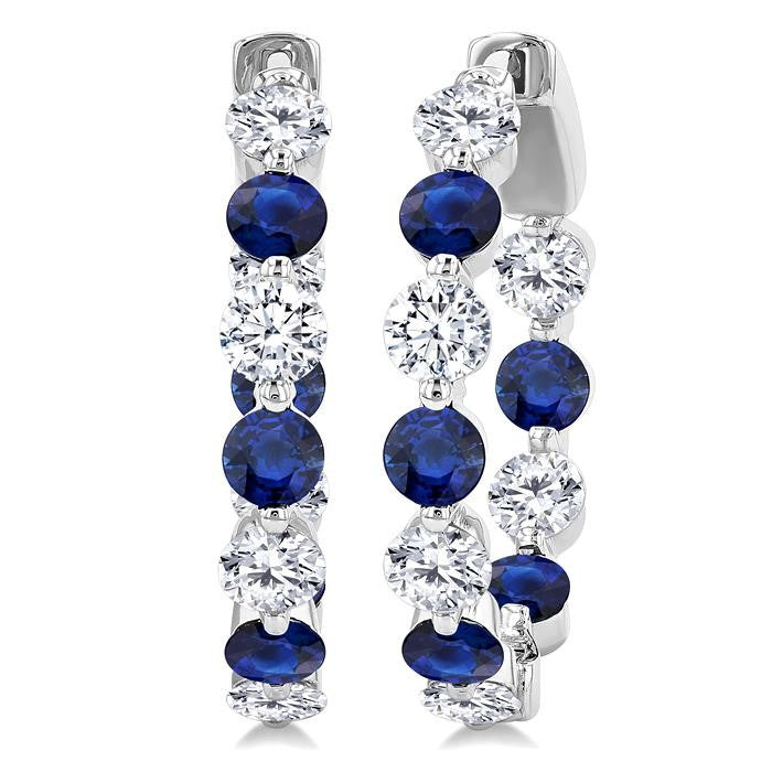 3.3 MM Round Cut Sapphire and 1 5/8 Ctw Round Cut Diamond Precious Inside-Out Alternating Hoop Earrings in 14K White Gold