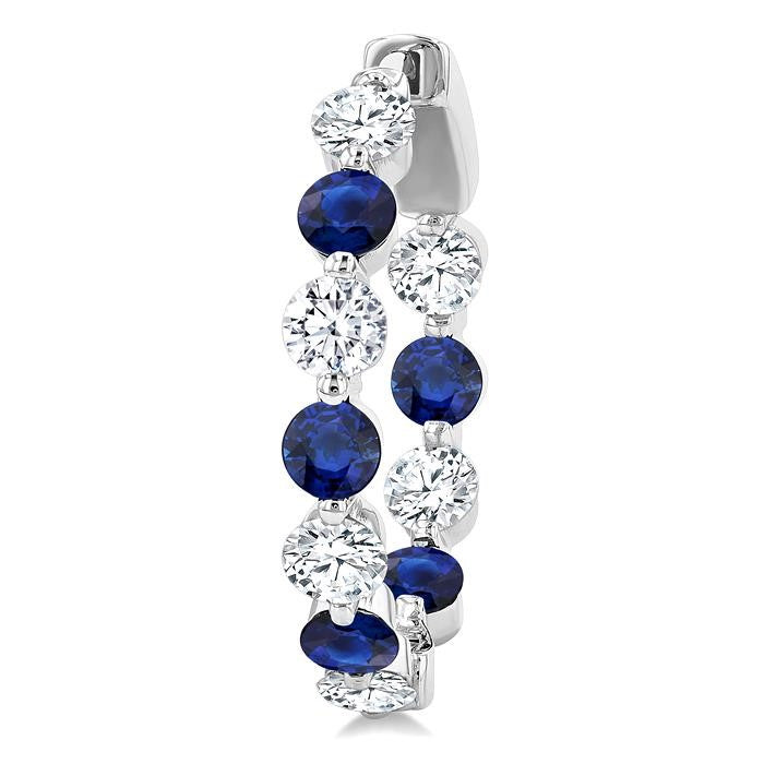 3.3 MM Round Cut Sapphire and 1 5/8 Ctw Round Cut Diamond Precious Inside-Out Alternating Hoop Earrings in 14K White Gold