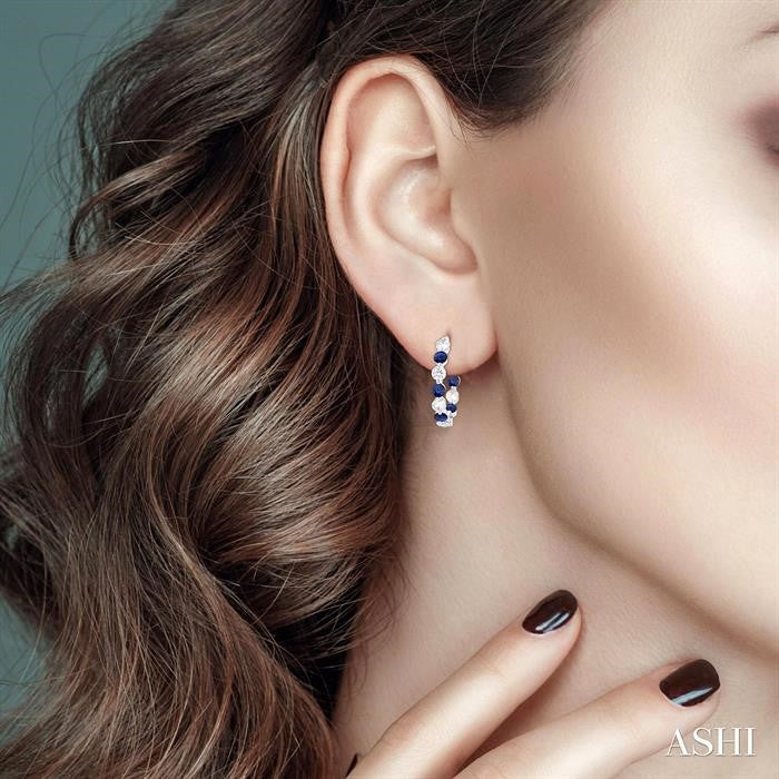 3.3 MM Round Cut Sapphire and 1 5/8 Ctw Round Cut Diamond Precious Inside-Out Alternating Hoop Earrings in 14K White Gold
