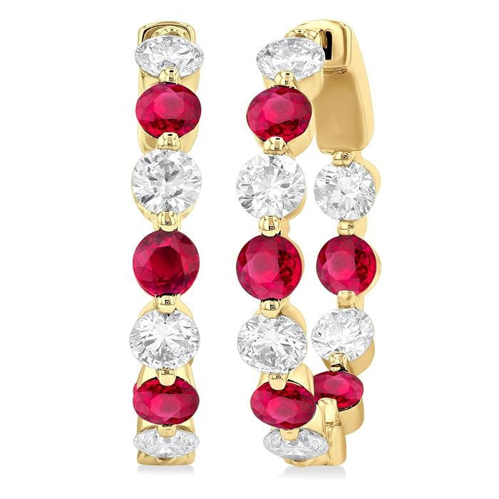 2.85 MM Round Cut Ruby and 1 Ctw Round Cut Diamond Precious Inside-Out Alternating Hoop Earrings in 14K Yellow Gold