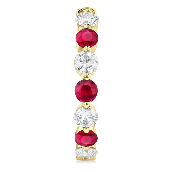 2.85 MM Round Cut Ruby and 1 Ctw Round Cut Diamond Precious Inside-Out Alternating Hoop Earrings in 14K Yellow Gold