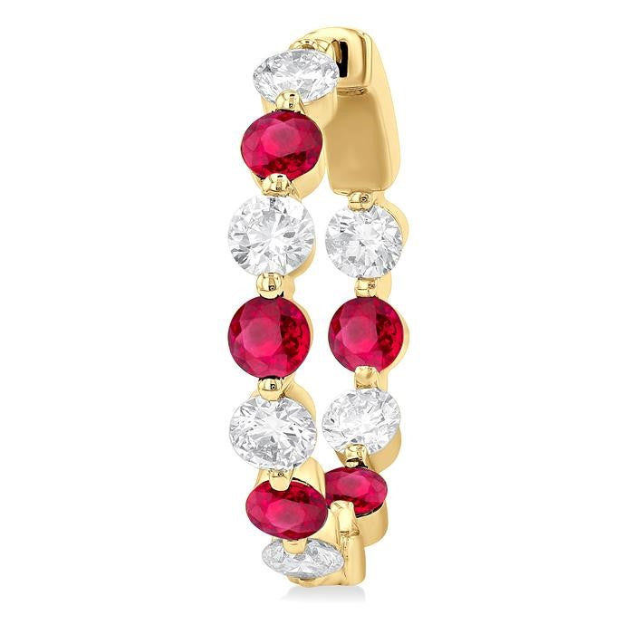 2.85 MM Round Cut Ruby and 1 Ctw Round Cut Diamond Precious Inside-Out Alternating Hoop Earrings in 14K Yellow Gold