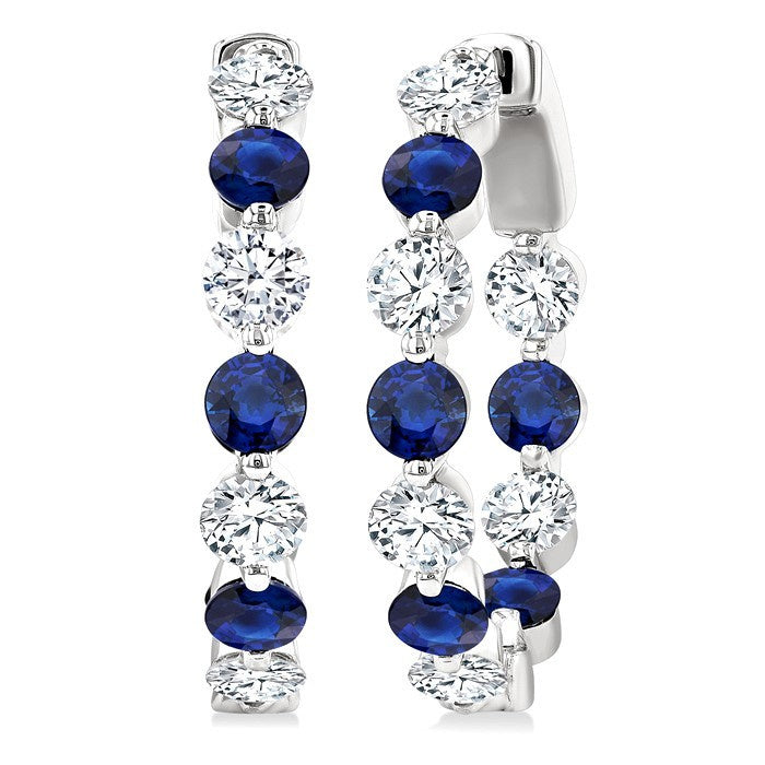 2.85 MM Round Cut Sapphire and 1 Ctw Round Cut Diamond Precious Inside-Out Alternating Hoop Earrings in 14K White Gold