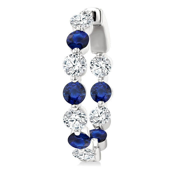 2.85 MM Round Cut Sapphire and 1 Ctw Round Cut Diamond Precious Inside-Out Alternating Hoop Earrings in 14K White Gold