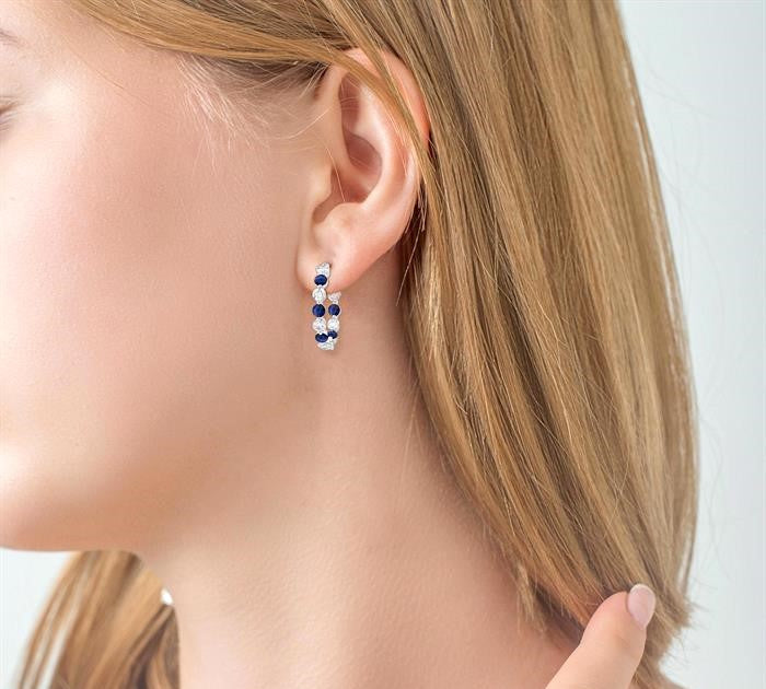2.85 MM Round Cut Sapphire and 1 Ctw Round Cut Diamond Precious Inside-Out Alternating Hoop Earrings in 14K White Gold