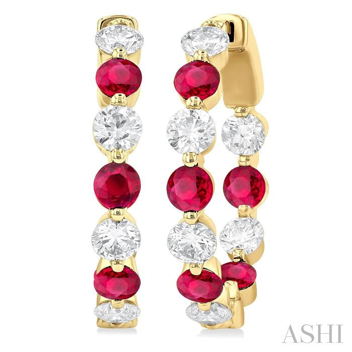 2.85 MM Round Cut Ruby and 1 Ctw Round Cut Diamond Precious Inside-Out Alternating Hoop Earrings in 14K Yellow Gold