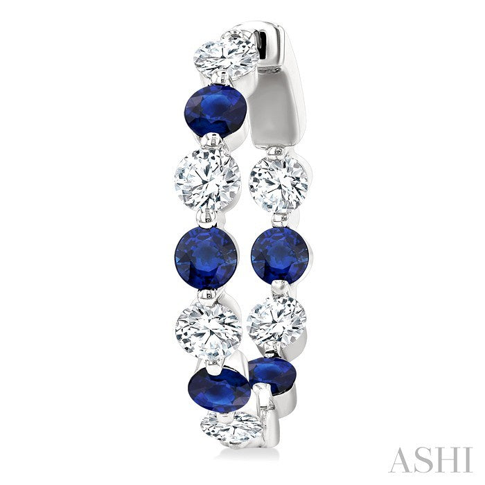 2.85 MM Round Cut Sapphire and 1 Ctw Round Cut Diamond Precious Inside-Out Alternating Hoop Earrings in 14K White Gold