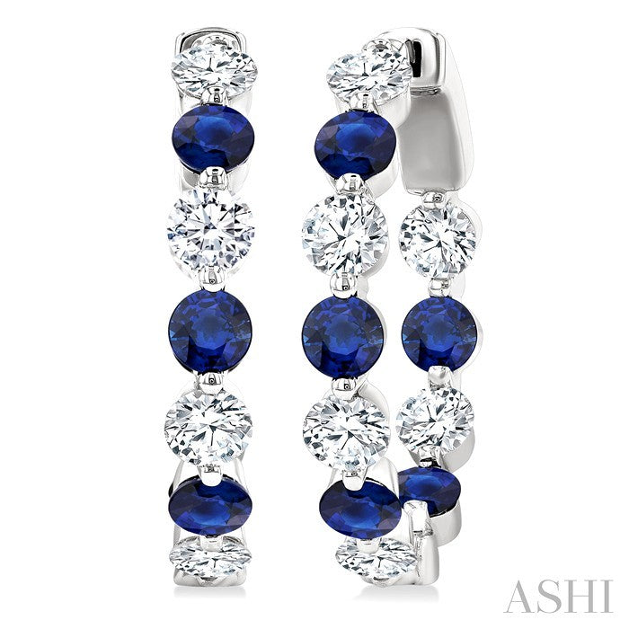 2.85 MM Round Cut Sapphire and 1 Ctw Round Cut Diamond Precious Inside-Out Alternating Hoop Earrings in 14K White Gold