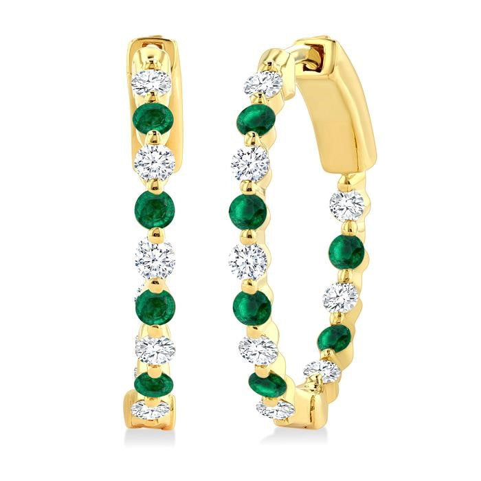 2 MM Round Cut Emerald and 1/2 Ctw Round Cut Diamond Precious Inside-Out Alternating Hoop Earrings in 14K Yellow Gold