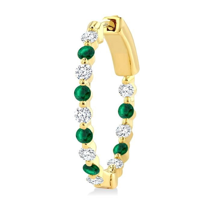 2 MM Round Cut Emerald and 1/2 Ctw Round Cut Diamond Precious Inside-Out Alternating Hoop Earrings in 14K Yellow Gold