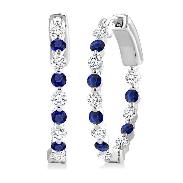 2 MM Round Cut Sapphire and 1/2 Ctw Round Cut Diamond Precious Inside-Out Alternating Hoop Earrings in 14K White Gold