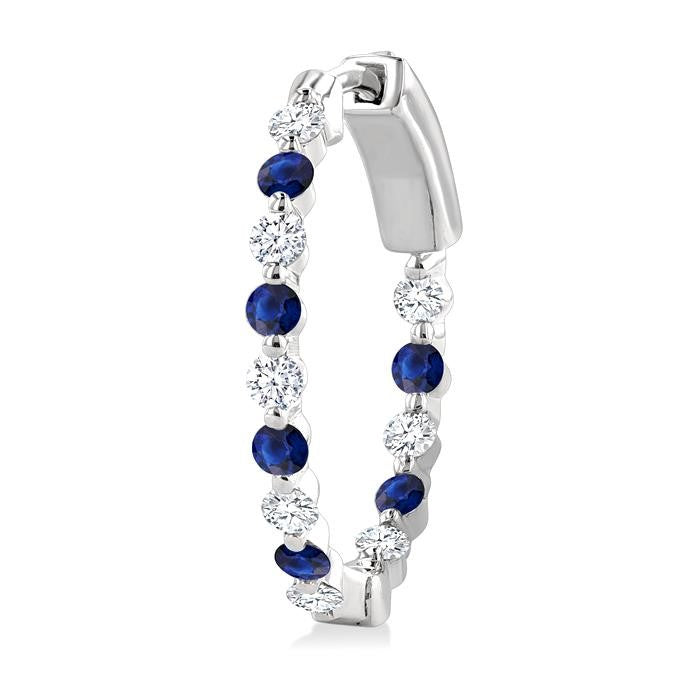 2 MM Round Cut Sapphire and 1/2 Ctw Round Cut Diamond Precious Inside-Out Alternating Hoop Earrings in 14K White Gold