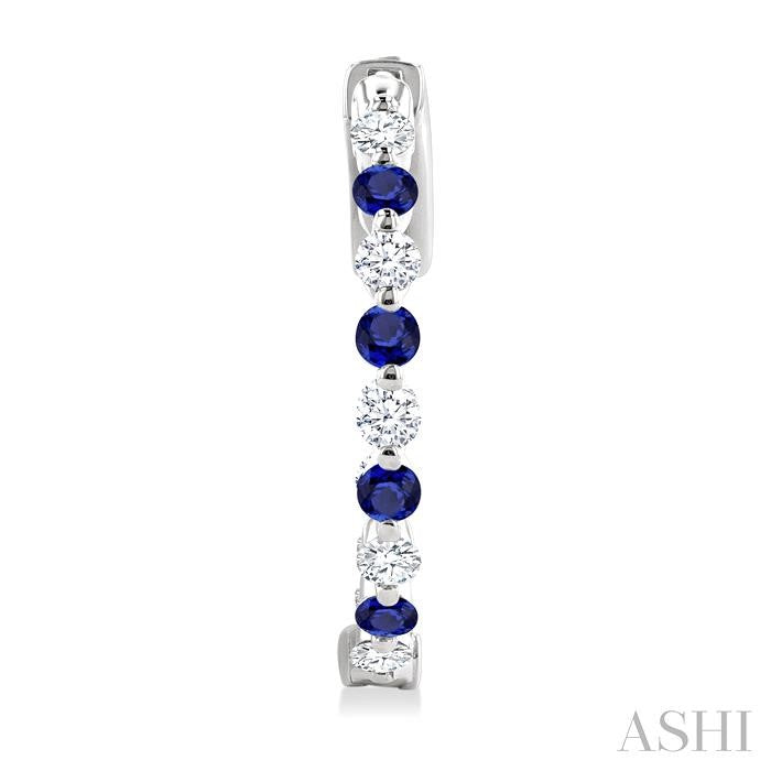 2 MM Round Cut Sapphire and 1/2 Ctw Round Cut Diamond Precious Inside-Out Alternating Hoop Earrings in 14K White Gold